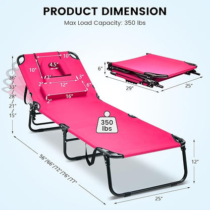 GYMAX Tanning Chair, 330lbs Beach Lounge Chair with Face Hole, Washable Pillow & Carry Strap, Adjustable Folding Chaise Lounge, Layout Chair for Outside, Patio, Poolside, Lawn (1, Pink)