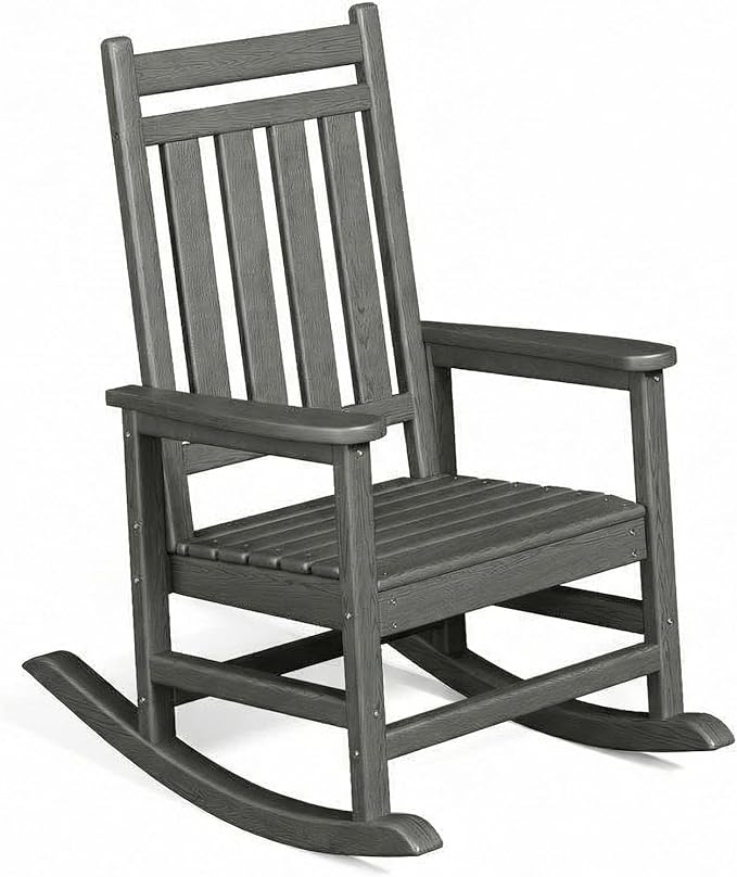 HDPE Outdoor Rocking Chair, All Weather Adirondack Rocker for Adults, High Back Porch Chair for Patio, Garden & Fire Pit, Heavy Duty Plastic Lawn Furniture, Gray
