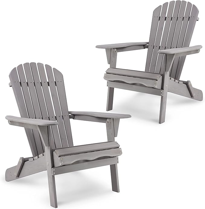 Folding Adirondack Chair Set of 2, Solid Cedar Wood Patio Lounge Chairs for Outdoor, Garden, Lawn, Backyard & Poolside - Comfortable & Foldable, Gray