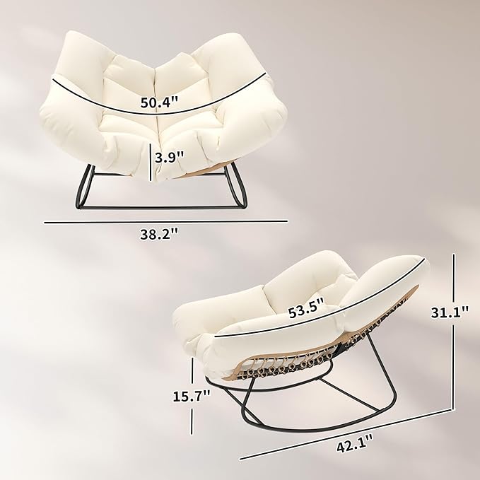 Outsunny Papasan Rocking Chair, Wicker Oversized Indoor Outdoor Rocking Chair with Cushion, PE Rattan Padded Outdoor Rocker Egg Chairs for Living Room, Garden, Patio, Balcony, Beige