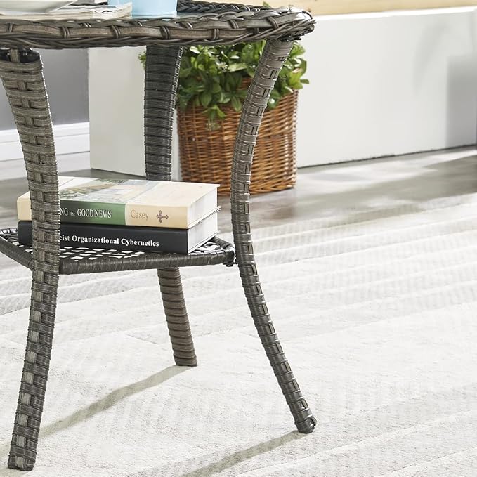 HUMMUH Patio Wicker Side Table Outdoor, Rattan End Table Glass Top Coffee Table with Storage Grey - Photo 5