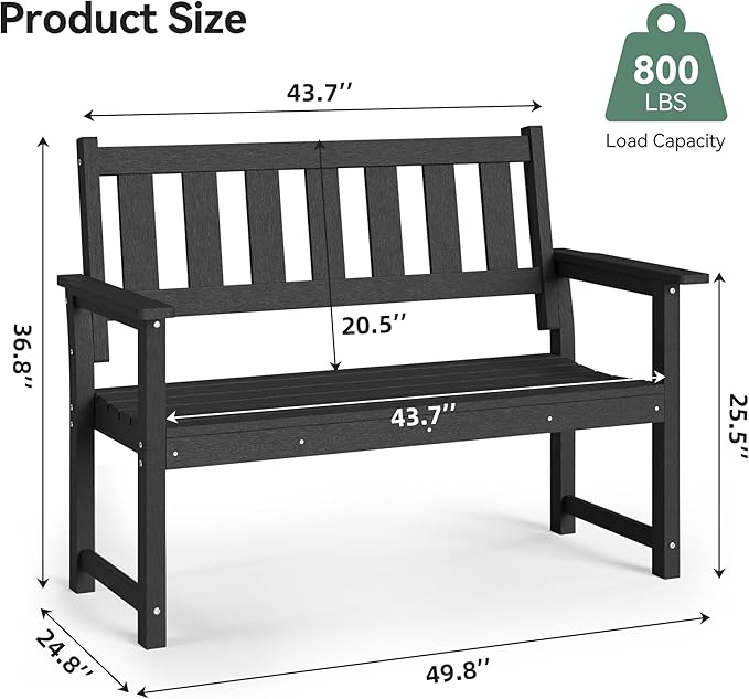 HDPE Outdoor Bench – 50'' Weatherproof Durable Garden Bench, 2-Person Park Bench, Multi-Purpose Design Ideal for Porch, Patio, Church, and School (Black)