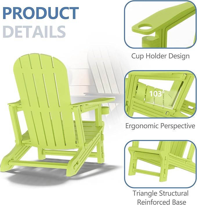 Shintenchi Adirondack Chair Set of 2,HDPE Adirondack Chairs with Umbrella Hole Connecting Tray & 2 Curved Ottoman,Plastic Outdoor Chairs with Cup Holders for Garden Backyard Pool,Green