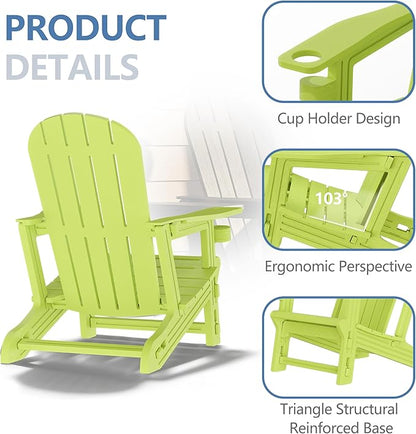 Shintenchi Adirondack Chair Set of 2,HDPE Adirondack Chairs with Umbrella Hole Connecting Tray & 2 Curved Ottoman,Plastic Outdoor Chairs with Cup Holders for Garden Backyard Pool,Green