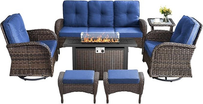 7 Pieces Outdoor Furniture with Fire Pit Deep Seating Wicker Patio Couch with Patio Swivel Chairs Outdoor Furniture Set for Deck Porch Garden Balcony Poolside-Brown/Blue