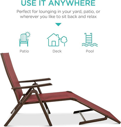 Best Choice Products Set of 2 Outdoor Patio Chaise Lounge Chair Adjustable Reclining Folding Pool Lounger for Poolside, Deck, Backyard w/Steel Frame, 250lb Weight Capacity - Red