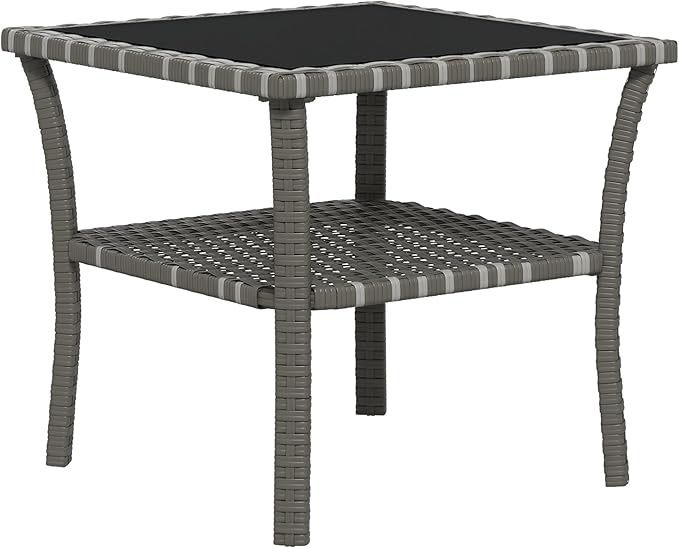 Outsunny Rattan Side Table, Outdoor End Table with Storage Shelf, Aluminum Frame Square, Coffee Table with Tempered Glass Top, Mixed Gray