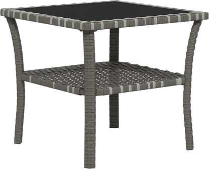 Outsunny Rattan Side Table, Outdoor End Table with Storage Shelf, Aluminum Frame Square, Coffee Table with Tempered Glass Top, Mixed Gray