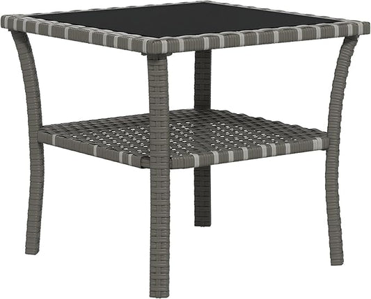 Outsunny Rattan Side Table, Outdoor End Table with Storage Shelf, Aluminum Frame Square, Coffee Table with Tempered Glass Top, Mixed Gray