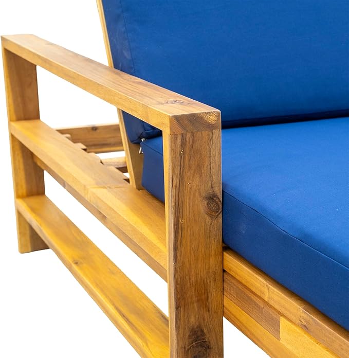 Outdoor Acacia Wood Chaise Lounges with Adjustable Backrest and Cushion, Patio Reclining Lounge Chair for Porch Backyard Balcony Poolside (Natural+ Blue)