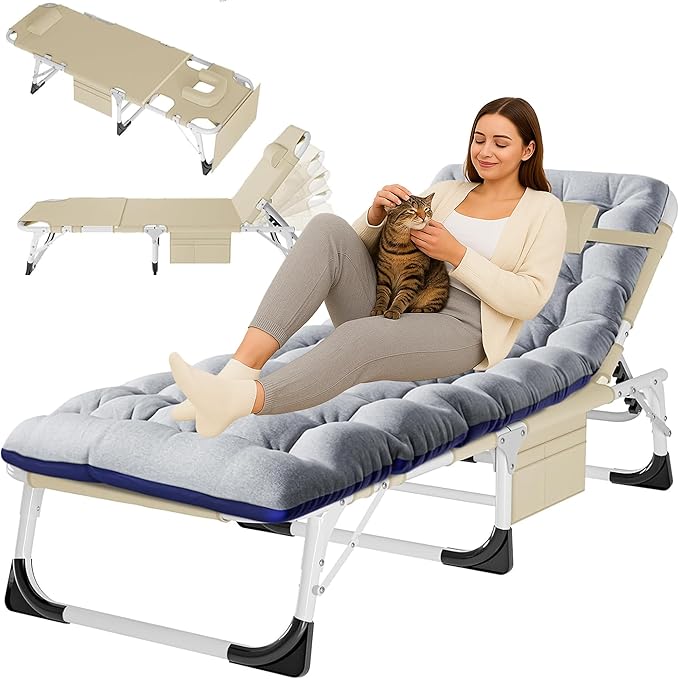 ABORON 4-in-1 Lounge Chair with Face & Arm Holes for Tanning, 440LB Heavy-Duty Folding Recliner with Plush Cotton Cushion, No Assembly Tri-Fold Guest Bed for Sunbathing, Poolside, Office Nap & Camping