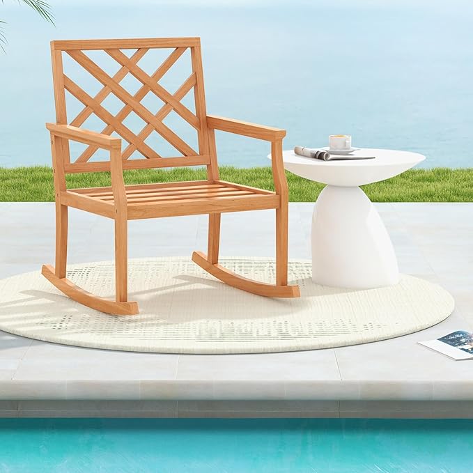 Tangkula Teak Wood Rocking Chair, Oversized Porch Rocker with Backrest and Slatted Seat, Outdoor Rocker Chair for Patio, Backyard and Lawn, 330 LBS Weight Capacity (1, 32 x 28 x 35 Inch)