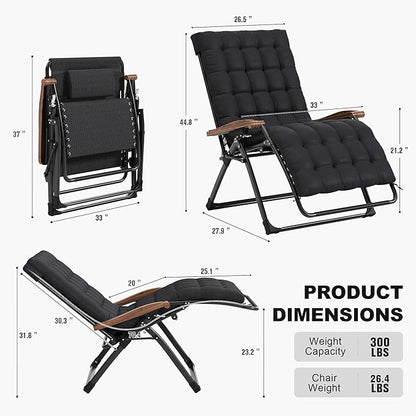 PURPLE LEAF Extra Wide Outdoor Reclining Chair Set of 2 Patio Zero Gravity Chaise Lounge Folding Chair with Removable Cushion Adjustable Headrest for Lawn Camping Beach Pool Black