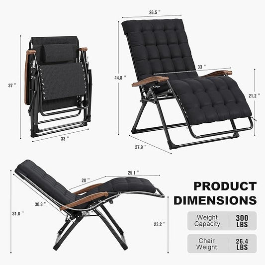 PURPLE LEAF Extra Wide Outdoor Reclining Chair Set of 2 Patio Zero Gravity Chaise Lounge Folding Chair with Removable Cushion Adjustable Headrest for Lawn Camping Beach Pool Black