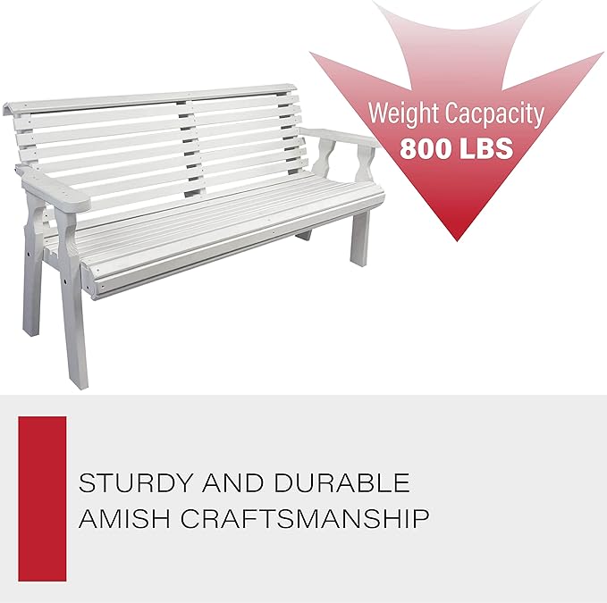 Amish Casual Heavy Duty 4 Foot Roll Back Outdoor Bench in White Stain - Amish Made in The USA from Treated Pine for Outdoor Durability, 700 Lb Weight Capacity