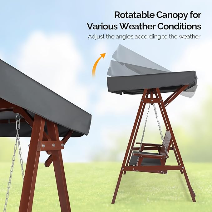 VINGLI Porch Swing with Stand, Wooden Swing & Stand with Canopy, Hanging Swing Chair with Stand for Garden, Patio and Yard (Brown)