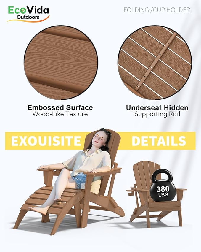 3-Piece Folding Adirondack Chair Set - 38" Extra Tall Back & Embossed Wood Grain - Photo 6