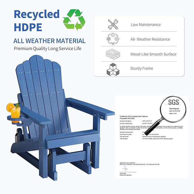 HDPE Outdoor Glider Chair Set of 2,3-Position Adjustable Backrest Patio Glider, All-Weather Glider Rocker Chair with Cup Holders,Porch Glider for Outside,Deck,Fire Pit, Poolside,400LBS Capacity (Blue)