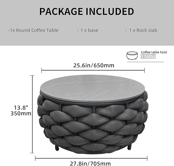 TWT Outdoor Coffee Table Round Centerpiece Table, Lightweight Accent Table with Hand Woven Rope Decor for Garden and Patio(Polyester Rope, Dark Grey)