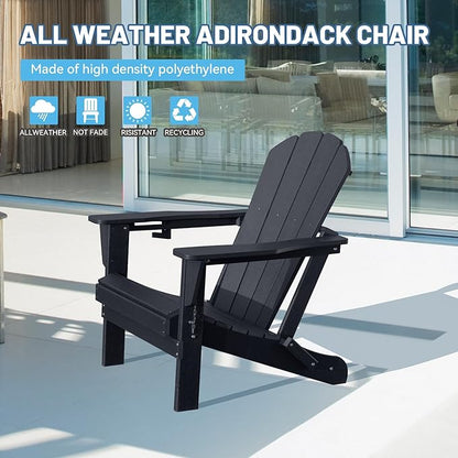 Adirondack Chair, Plastic Adirondack Chairs, HDPE Adirondack Chair, Folding Adirondack Chairs,Outdoor Chairs with Cup Holder for Lawn Patio Deck Fire Pit -Black