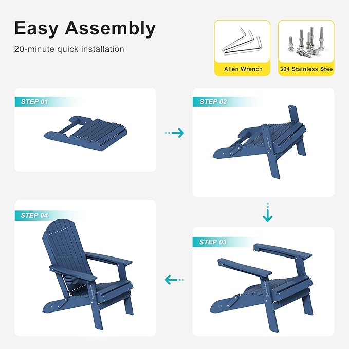 HDPE Foldable Adirondack Outdoor Chair Set of 2 with Cup Holder, Weather Resistant Heavy-Duty Patio Chair for Patio, Backyard, Deck, Fire Pit, Lawn and Porch, Navy Blue