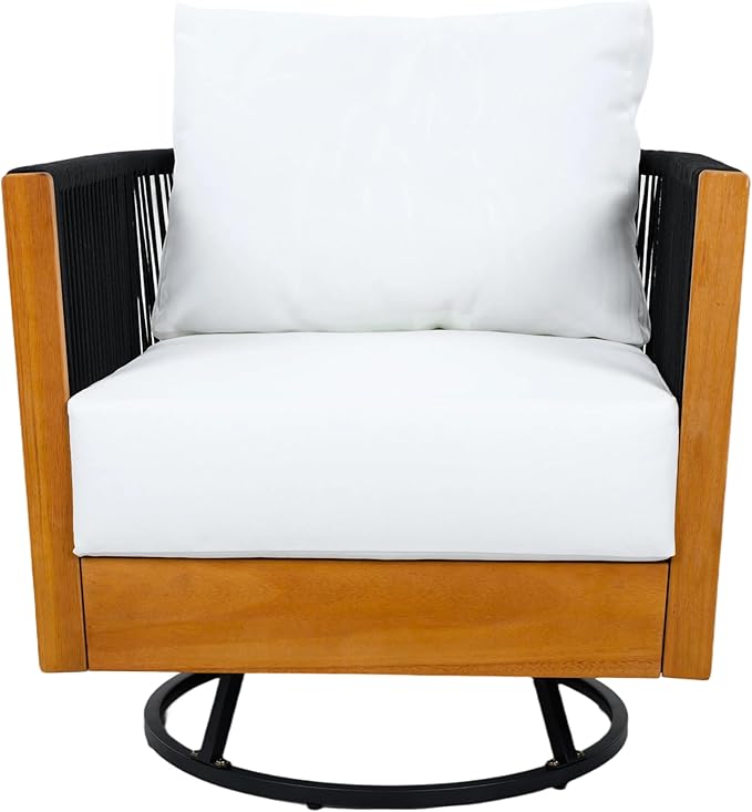 Merax Outdoor Swivel Chair, 360-Degree Rotation, Natural Acacia Wood with Handwoven Black Rope Design and Seat Cushion, Metal Swivel Base, Weather-Resistant Chair for Patio Garden Balcony
