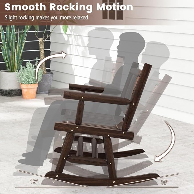 Tangkula Patio Rocking Bench, Carbonized Wood Double Rocker Chair with Ergonomic Seat, 2-Person Solid Wood Rocking Loveseat for Backyard, Porch, Garden, Rustic Farmhouse Style (2, Rustic Brown)