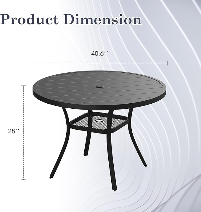 Outdoor Dining Table with Adjustable Umbrella Hole, 40.6" All-Weather Round Patio Dining Table for 4, Metal Patio Table with Storage Shelf for Garden Lawn Porch Deck Yard, Black