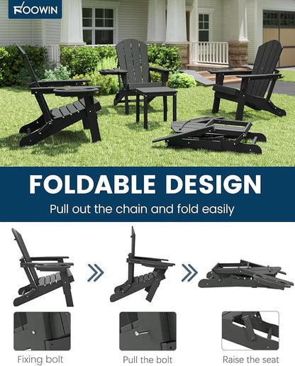 FOOWIN Folding Adirondack Chair Set of 4, HDPE Adirondack Chairs with Cup Holder, Weather Resistant Plastic Fire Pit Chairs for Outdoor, Patio, Lawn, Garden, Backyard, Deck, White Grey