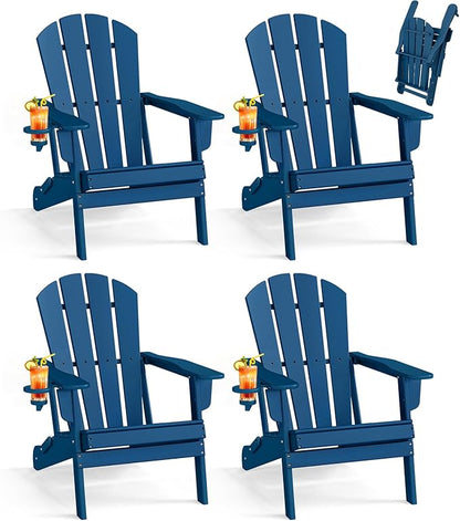 BRIOPAWS Folding-Adirondack-Chairs Set of 4 | HDPE Plastic | Fire Pit Chair | Cup Holder | Curved Back | All Weather | for Outdoor Backyard Deck Patio | Blue