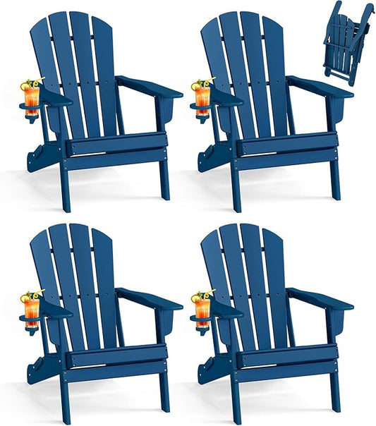 BRIOPAWS Folding-Adirondack-Chairs Set of 4 | HDPE Plastic | Fire Pit Chair | Cup Holder | Curved Back | All Weather | for Outdoor Backyard Deck Patio | Blue