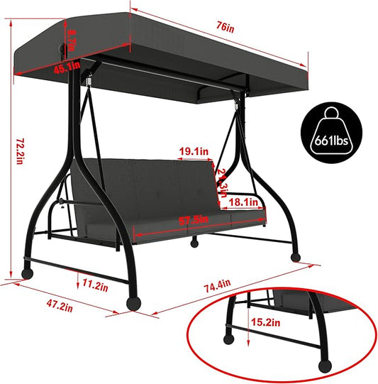 MUPATER 2-in-1 Patio Porch Swing Chair, 3-Seat Outdoor Canopy Swing Glider with Stand and Cushion for Outside, Backyard, Grey