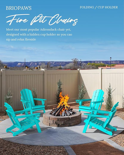 BRIOPAWS Folding-Adirondack-Chairs Set of 6 | HDPE | Fire Pit Chair | Cup Holder | Weather Resistance | Aqua | for Outdoor Backyard Deck Patio