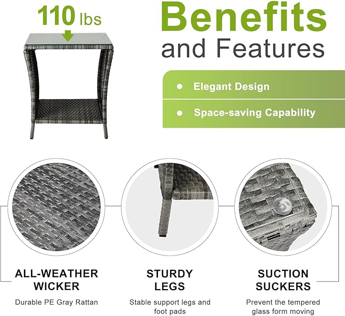 Outvita Outdoor Side Table, Rattan Coffee Table Small End Table with Glass Top Storage for Patio Porch Backyard Balcony - Photo 4