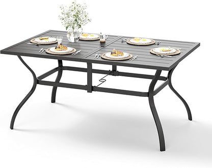 HERA'S HOUSE Patio Dining Table, 60" x 38" Rectangular Large Surface 6 Person Steel Frame Outdoor Dining Table with Umbrella Hole for Lawn Garden Backyard