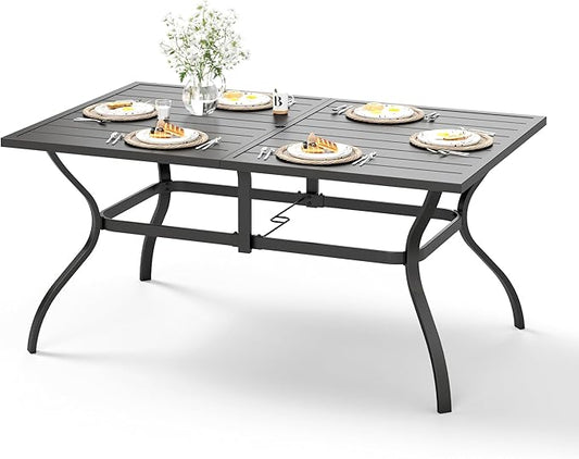 HERA'S HOUSE Patio Dining Table, 60" x 38" Rectangular Large Surface 6 Person Steel Frame Outdoor Dining Table with Umbrella Hole for Lawn Garden Backyard