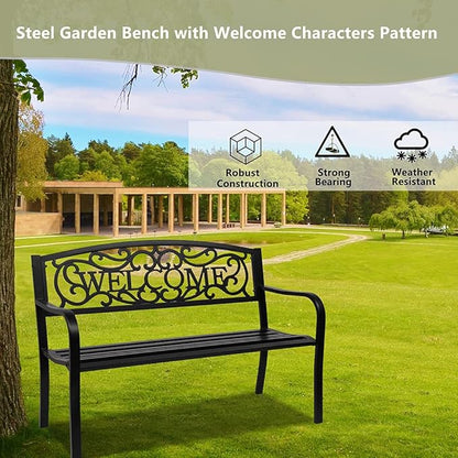 Outdoor Garden Bench,50" Patio Park Garden Bench Furniture,Iron Metal Frame Patio Park Bench with Floral Design Backrest,Arch Legs for Porch,Lawn,Garden,Yard (B)
