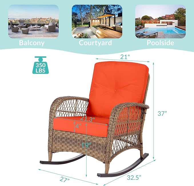 MEETWARM Outdoor Wicker Rocking Chairs Set of 2, Rattan Patio Rocker Chairs with Thick Cushions and High Back, All-Weather Patio Wicker Chair with Safe Rocking Design for Garden, Brown/Orange
