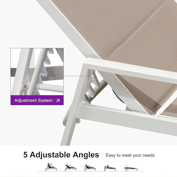 PURPLE LEAF Outdoor Chaise Lounge Set Adjustable Sunbathing Recliner with Armrest and Side Table for Poolside Beach Outside Patio Aluminum Chaise Lounger Khaki