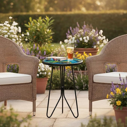 LIFFY Patio Side Tables,12" Indoor Outdoor Metal Side Table with Glass Tabletop,Round Decorative Plant Stand & Accent Table for Garden, Yard, Balcony, Backyard, Porch