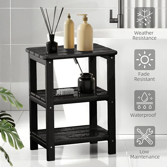 3 Tier Outdoor Side Table Adirondack Side Table HDPE End Table Patio Side Table Rectangle Tables for Outdoor Backyard Garden Balcony (Retro, Black)