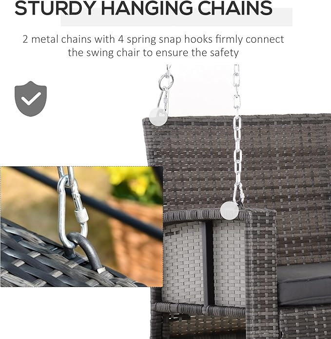 Outsunny 2 Person Wicker Hanging Swing Bench, Front Porch Swing Outdoor Chair with Cushions 550 lbs. Weight Capacity for Backyard, Garden, Grey