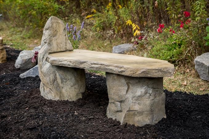 Athena Garden Basalt Stone Boulder Bench with Back, Cast Stone Rustic Lounge Bench, Outdoor Garden Patio Bench, 3 Piece Hand Sculpted Rock Garden Bench Outdoor Decor