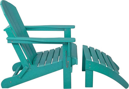 WestinTrends Malibu Outdoor Lounge Chair, 2-Pieces Adirondack Chair Set with Ottoman, All Weather Poly Lumber Patio Lawn Folding Chairs for Outside Pool Garden Backyard Beach, Turquoise