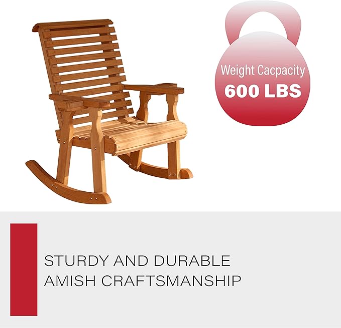 Amish Heavy Duty 600 Lb Roll Back Pressure Treated Rocking Chair with Cupholders (Cedar Stain)