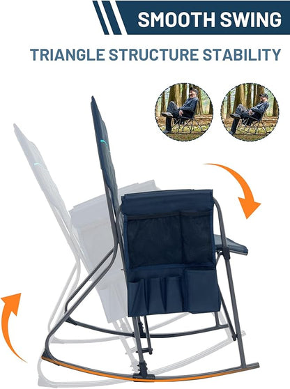 Timber Ridge Folding Oversized Rocking Camping Chair, 400lbs Capacity Portable Outdoor Rocker with Hard Armrests, Cup Holder & Side Pocket, Quick-Fold Design for Outdoor, Patio, Lawn, Blue