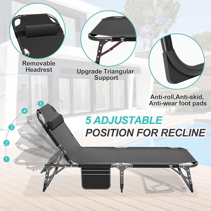 ABORON 3-in-1 Folding Patio Lounge Chair, 440LB Heavy-Duty Tri-Fold Guest Bed with Plush Cotton Cushion, No Assembly Adjustable Recliner for Office Nap, Patio Sunbathing, Poolside & Camping