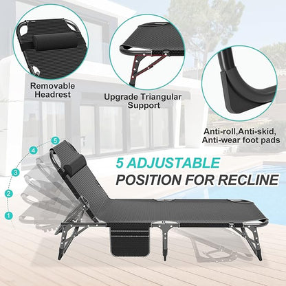 ABORON 3-in-1 Folding Patio Lounge Chair, 440LB Heavy-Duty Tri-Fold Guest Bed with Plush Cotton Cushion, No Assembly Adjustable Recliner for Office Nap, Patio Sunbathing, Poolside & Camping