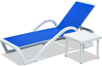 domi outdoor living Patio Chaise Lounge Adjustable Aluminum Lounge Chairs with Arm All Weather Pool Chairs for Outside,in-Pool,Lawn (Blue Lounge W/Table)