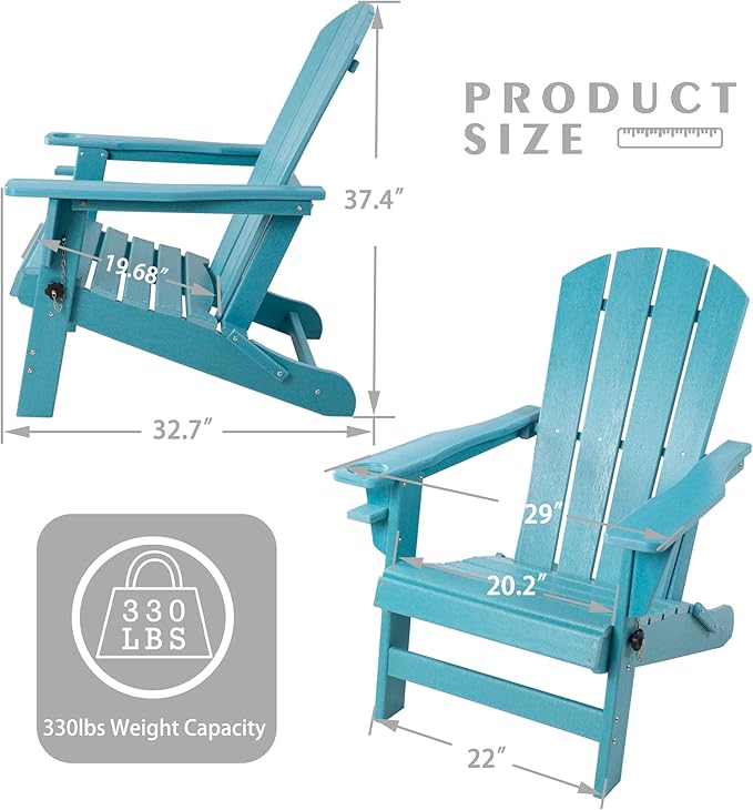 Kozyard Folding Adirondack Chair, Patio Outdoor Chairs, HDPE Plastic Resin Deck Chair, Painted Weather Resistant, for Deck, Garden, Backyard & Lawn Furniture, Fire Pit, Porch Seating (Blue)